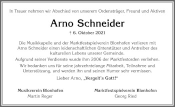 Traueranzeige von Arno Schneider von Allgäuer Zeitung, Kaufbeuren/Buchloe