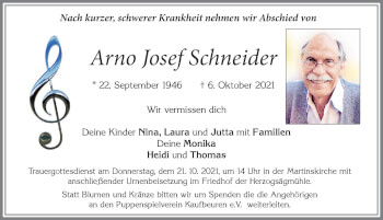 Traueranzeige von Arno Josef Schneider von Allgäuer Zeitung, Kaufbeuren/Buchloe