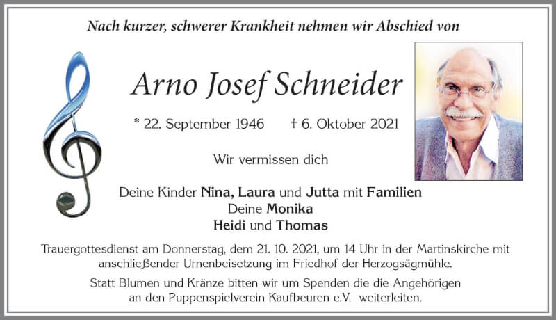  Traueranzeige für Arno Josef Schneider vom 09.10.2021 aus Allgäuer Zeitung, Kaufbeuren/Buchloe