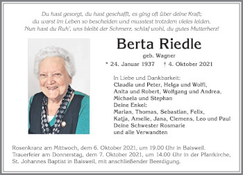 Traueranzeige von Berta Riedle von Allgäuer Zeitung, Kaufbeuren/Buchloe