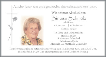 Traueranzeige von Binosa Schmölz von Allgäuer Zeitung, Füssen