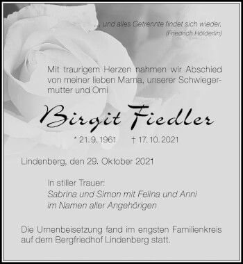 Traueranzeige von Birgit Fiedler von Der Westallgäuer