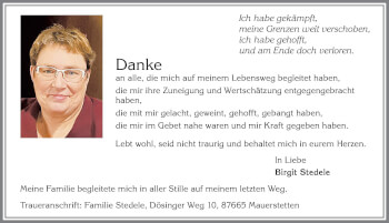 Traueranzeige von Birgit Stedele von Allgäuer Zeitung, Kaufbeuren/Buchloe