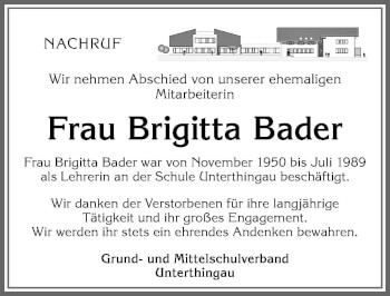Traueranzeige von Brigitta Bader von Allgäuer Zeitung, Marktoberdorf