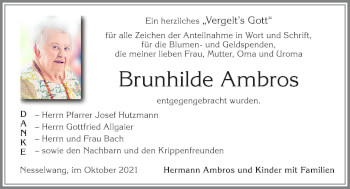 Traueranzeige von Brunhilde Ambros von Allgäuer Zeitung, Füssen