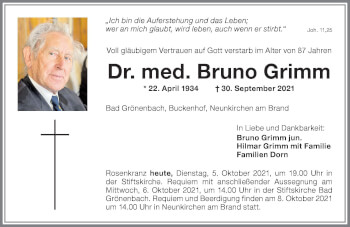 Traueranzeige von Bruno Grimm von Allgäuer Zeitung