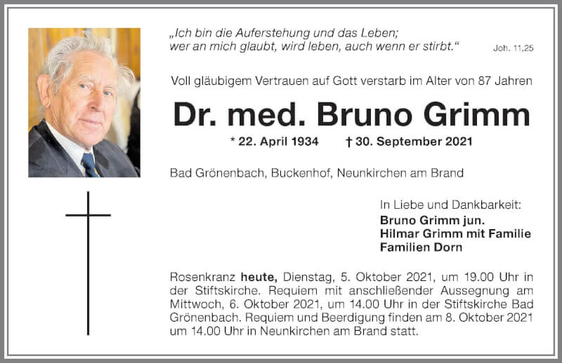  Traueranzeige für Bruno Grimm vom 05.10.2021 aus Allgäuer Zeitung