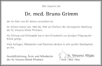 Traueranzeige von Bruno Grimm von Allgäuer Zeitung, Füssen