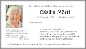 Traueranzeige von Cäzilia Mörtl von Allgäuer Zeitung,Kempten