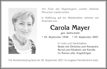 Traueranzeige von Carola Mayer von Allgäuer Zeitung, Kaufbeuren/Buchloe