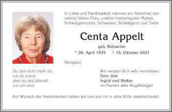 Traueranzeige von Centa Appelt von Allgäuer Zeitung,Kempten