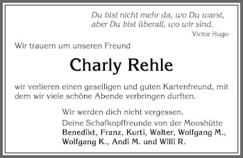 Traueranzeige von Charly Rehle von Allgäuer Zeitung, Marktoberdorf