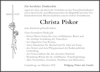 Traueranzeige von Christa Piskor von Der Westallgäuer