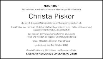 Traueranzeige von Christa Piskor von Der Westallgäuer