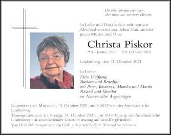 Traueranzeige von Christa Piskor von Der Westallgäuer