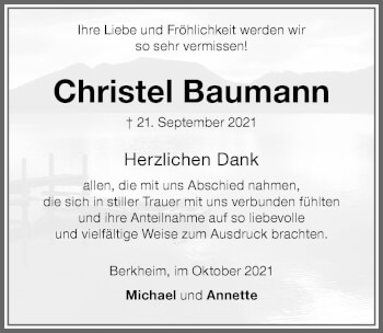 Traueranzeige von Christel Baumann von Memminger Zeitung