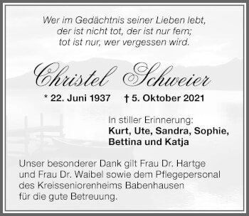 Traueranzeige von Christel Schweier von Memminger Zeitung