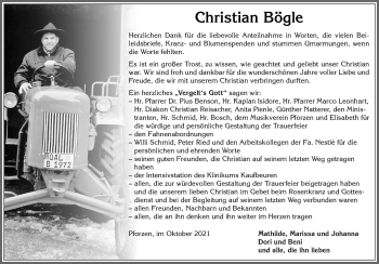 Traueranzeige von Christian Bögle von Allgäuer Zeitung, Kaufbeuren/Buchloe