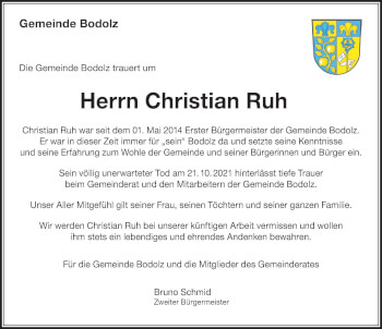 Traueranzeige von Christian Ruh von Der Westallgäuer