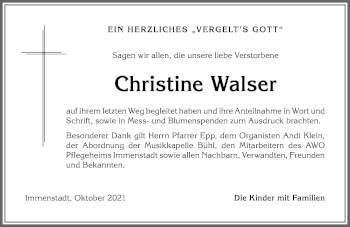 Traueranzeige von Christine Walser von Allgäuer Anzeigeblatt