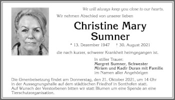 Traueranzeige von Christine Mary Sumner von Allgäuer Anzeigeblatt
