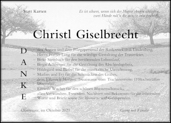 Traueranzeige von Christl Giselbrecht von Der Westallgäuer
