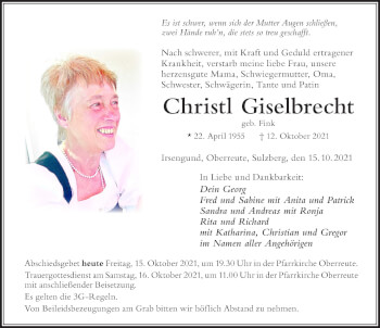 Traueranzeige von Christl Giselbrecht von Der Westallgäuer