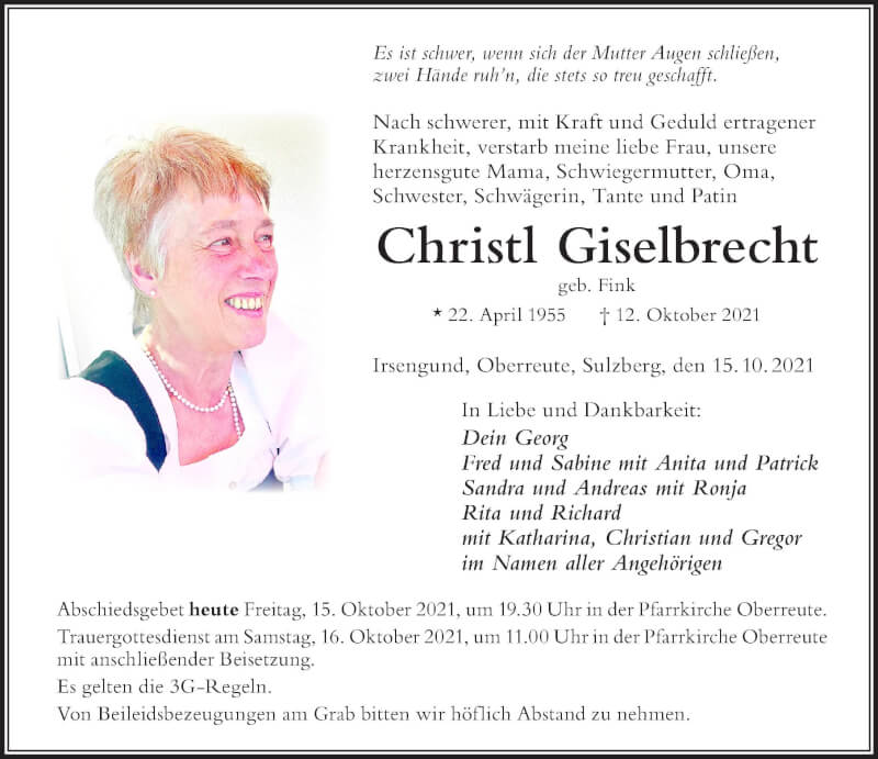  Traueranzeige für Christl Giselbrecht vom 15.10.2021 aus Der Westallgäuer
