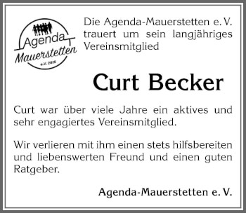 Traueranzeige von Curt Becker von Allgäuer Zeitung, Kaufbeuren/Buchloe