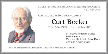 Traueranzeige von Curt Becker von Allgäuer Zeitung, Kaufbeuren/Buchloe