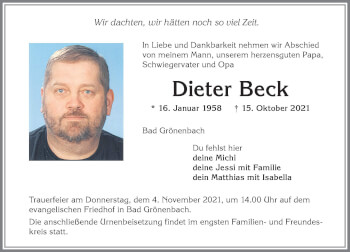 Traueranzeige von Dieter Beck von Memminger Zeitung