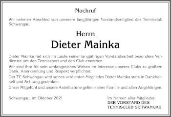 Traueranzeige von Dieter Mainka von Allgäuer Zeitung, Füssen