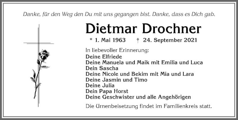  Traueranzeige für Dietmar Drochner vom 02.10.2021 aus Allgäuer Zeitung, Kaufbeuren/Buchloe