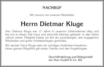 Traueranzeige von Dietmar Kluge von Allgäuer Zeitung,Kempten