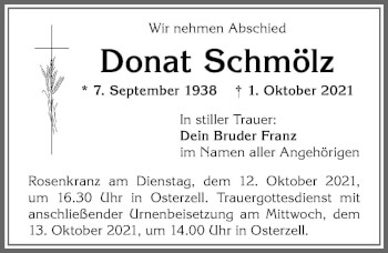 Traueranzeige von Donat Schmölz von Allgäuer Zeitung, Kaufbeuren/Buchloe