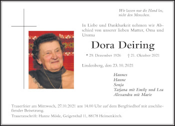Traueranzeige von Dora Deiring von Der Westallgäuer