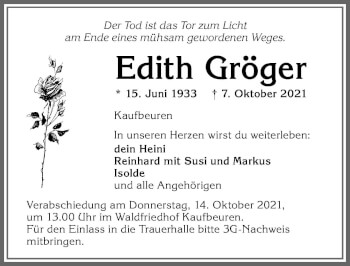 Traueranzeige von Edith Gröger von Allgäuer Zeitung, Kaufbeuren/Buchloe
