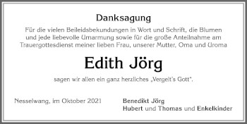 Traueranzeige von Edith Jörg von Allgäuer Zeitung, Füssen