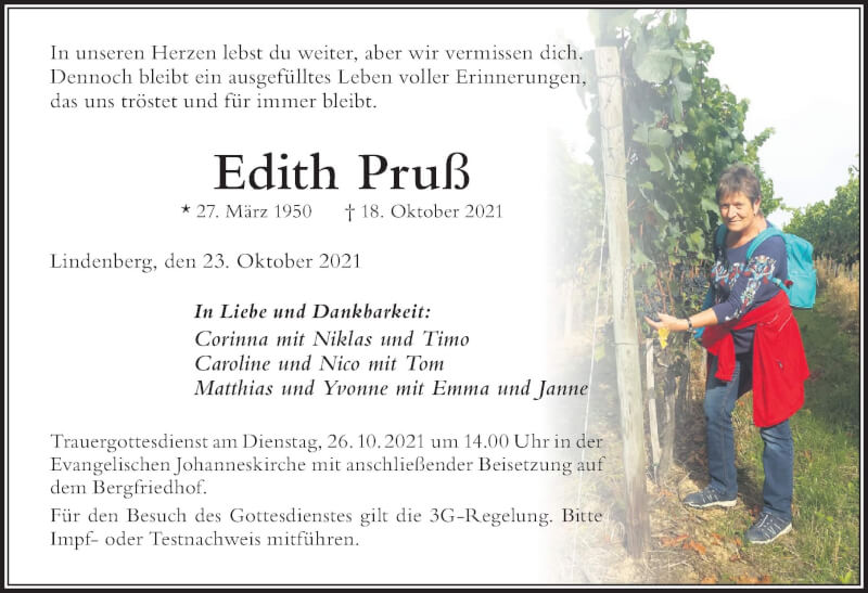  Traueranzeige für Edith Pruß vom 23.10.2021 aus Der Westallgäuer