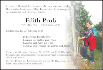 Traueranzeige von Edith Pruß von Der Westallgäuer
