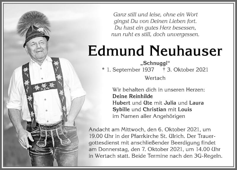  Traueranzeige für Edmund Neuhauser vom 05.10.2021 aus Allgäuer Anzeigeblatt