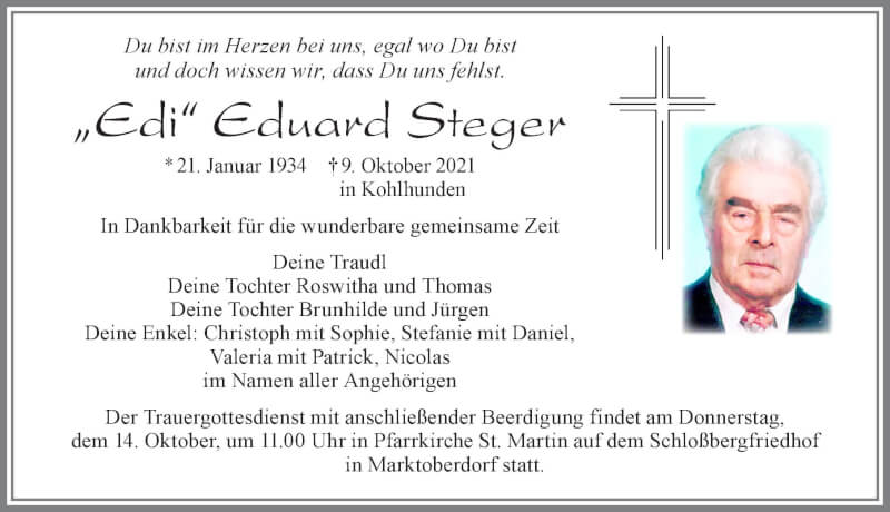  Traueranzeige für Eduard Steger vom 12.10.2021 aus Allgäuer Zeitung, Marktoberdorf