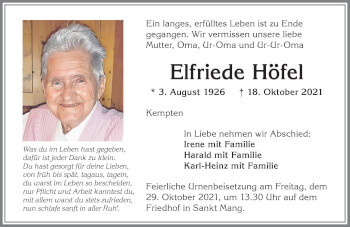 Traueranzeige von Elfriede Höfel von Allgäuer Zeitung,Kempten