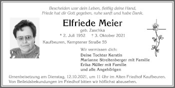 Traueranzeige von Elfriede Meier von Allgäuer Zeitung, Kaufbeuren/Buchloe