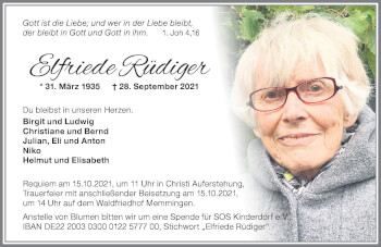 Traueranzeige von Elfriede Rüdiger von Memminger Zeitung