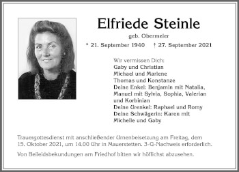 Traueranzeige von Elfriede Steinle von Allgäuer Zeitung, Kaufbeuren/Buchloe