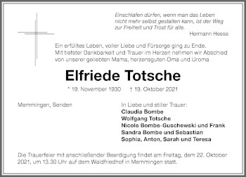 Traueranzeige von Elfriede Totsche von Memminger Zeitung
