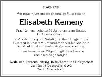 Traueranzeige von Elisabeth Kemény von Allgäuer Zeitung