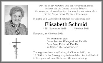 Traueranzeige von Elisabeth Schmid von Allgäuer Zeitung,Kempten
