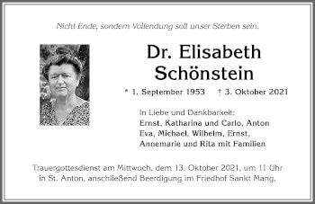 Traueranzeige von Elisabeth Schönstein von Allgäuer Zeitung,Kempten